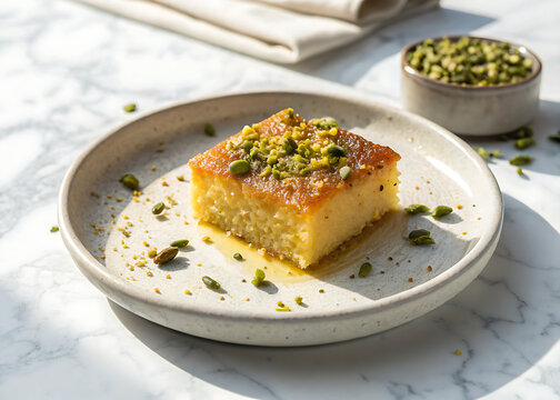 Greek Ravani semolina syrup cake garnished with crushed pistachios  minimalist ceramic plate  marble surface  bright natural lighting