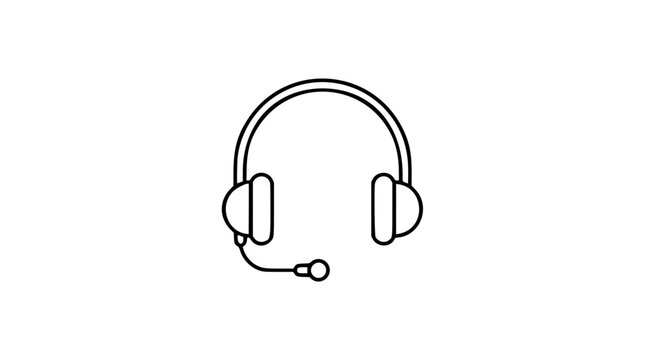Streamlined black and white line art vector icon showing a compact headset with boom microphone, excellent for illustrating virtual meetings, online learning, or remote work collaboration tools.