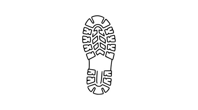 A clean black and white line art vector icon of a hiking boot print, great for outdoor recreation signage, trail guides, or adventure travel promotions.