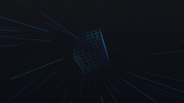 Abstract digital cube in cyberspace with glowing lines