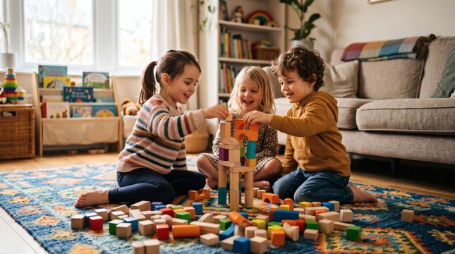 Three happy young children are sitting on a colorful rug in a bright living room, laughing and building a tall tower with wooden blocks.