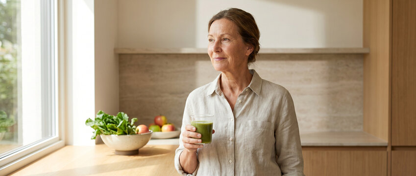 Healthy older adult with nutrient drink in a modern kitchen