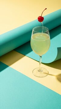 Stemmed retro drink glass with floating cherry on teal yellow paper