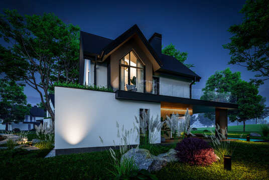 3d rendering of contemporary architectural luxury house exterior at night. Modern Scandinavian style family home, dramatic exterior lighting and garden landscaping at twilight