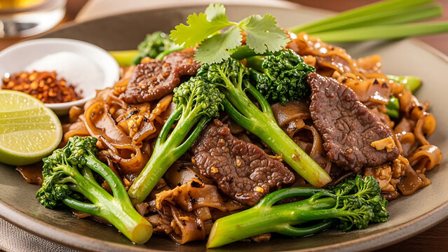 Delicious stir fried pad see ew noodles featuring tender beef slices and fresh green broccoli florets served on a rustic plate for an authentic thai meal