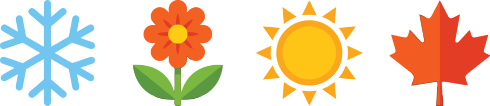 Four seasons icons set featuring snowflake flower sun and maple leaf as flat vector graphic symbols