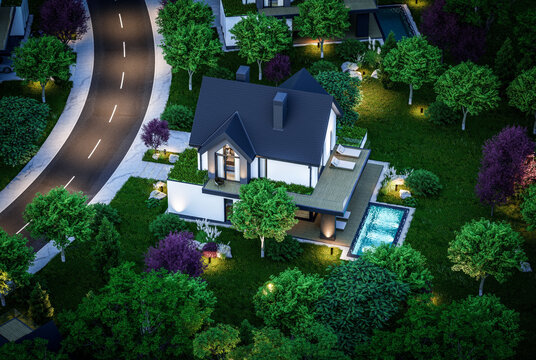 3d rendering of contemporary architectural luxury house exterior at night. Modern Scandinavian style family home, dramatic exterior lighting and garden landscaping at twilight