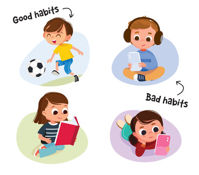 Set images illustrating good, bad habits in children healthy activities such as sports,exercise, reading active play versus unhealthy behavior like spending too much time smartphones digital addiction