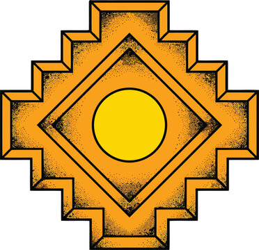Geometric stepped diamond emblem with central circle in orange and yellow colors vector illustration for design