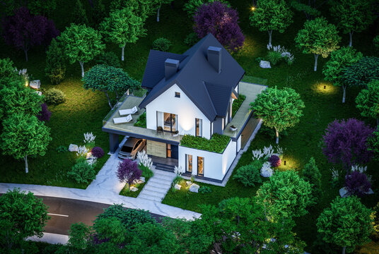 3d rendering of contemporary architectural luxury house exterior at night. Modern Scandinavian style family home, dramatic exterior lighting and garden landscaping at twilight