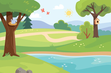 Obraz premium Summer park background landscape with beautiful river, pond, lake, riverbanks river banks, meadow, blue sky.