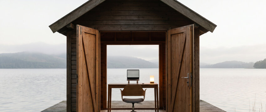 Tiny boathouse workspace overlooking calm water