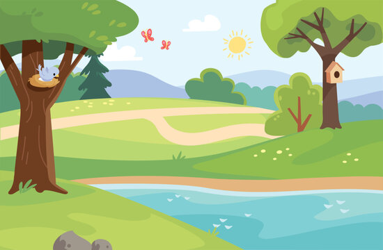 Summer park background landscape with beautiful river, pond, lake, riverbanks river banks, meadow, blue sky.