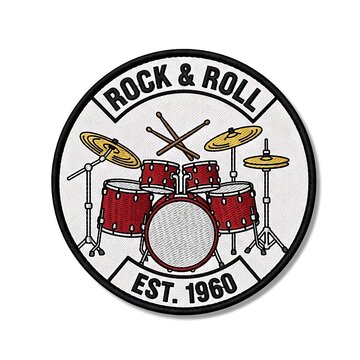 Rock and roll music emblem with a red drum kit illustration