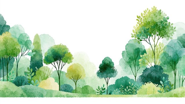 Watercolor forest landscape with lush trees and soft green foliage