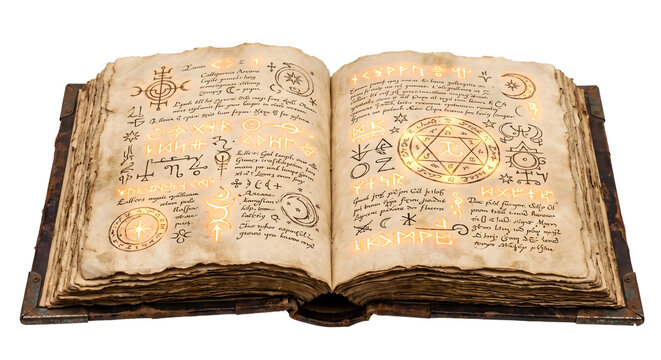 Open ancient spellbook with glowing gold runes