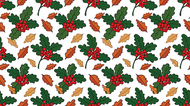Seamless pattern with holly berries and autumn leaves for festive holiday wrapping paper and textile design vector