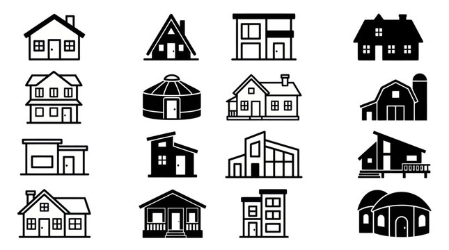 Architectural house type outline and solid icons.