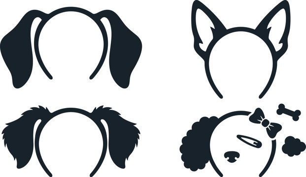 Animal Ear Headband Silhouette Vector Set with Dog Puppy and Poodle Style Hairbands Featuring Bow Hairpin and Bone Elements for Photo Booth Designs