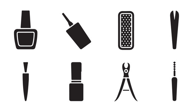 Nail care and manicure beauty accessories solid icons set including polish file and nipper.