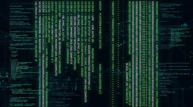 Digital data stream and blockchain transaction logs with green text on dark background transparent background