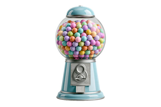 Vintage gumball machine with colorful candies on transparent
