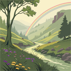 Obraz premium Landscape with a rainbow arching over a lush green valley and a flowing stream cold snap eco friendly environmentally friendly earth friendly planet friendly eco conscious eco aware eco savvy