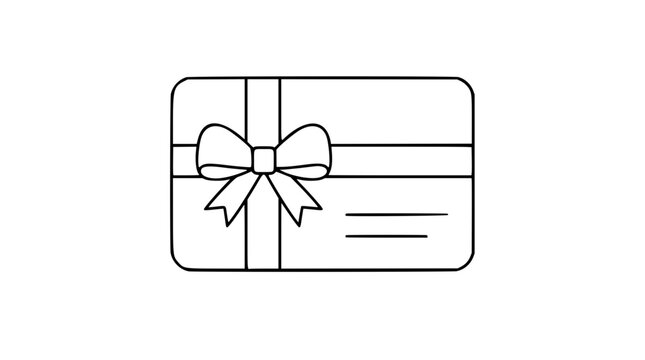 Minimalist black and white line art vector icon showing a folded gift card with corner accents, suited for mobile apps and website checkout elements.