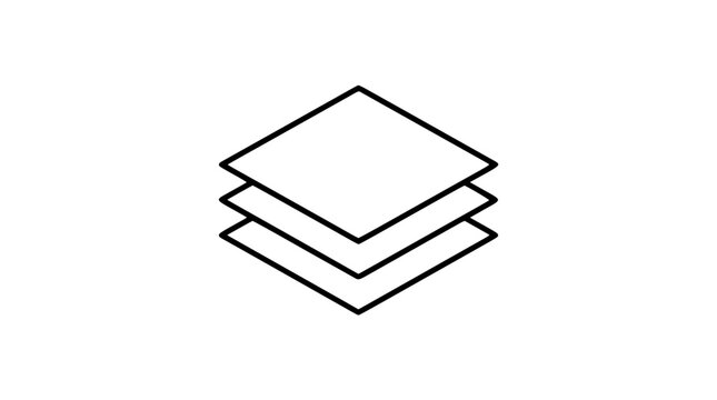 A clean black and white line art vector icon with five detailed stacked layers, perfect for depicting complex systems, Photoshop-style layer panels, or architectural section diagrams.