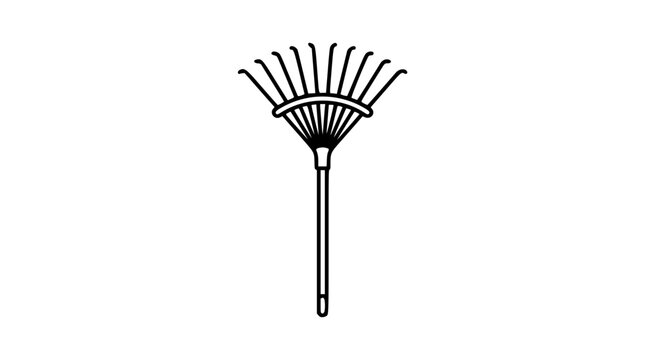A clean black and white line art vector icon of a leaf rake, excellent for gardening websites, landscaping services, autumn cleanup promotions, and outdoor maintenance apps.