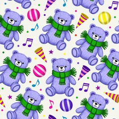 Naklejka premium Purple teddy bears with green scarves repeat on white background. Party hats, musical notes, and confetti add festive elements. Perfect for kids birthday or baby shower decor.