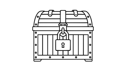 A clean black and white line art vector icon of a locked wooden treasure chest with metal bands and a padlock, ideal for gaming, finance, or adventure-themed projects. © Haris