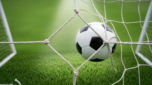 Soccer ball impact through net, soccer ball in front of goal net