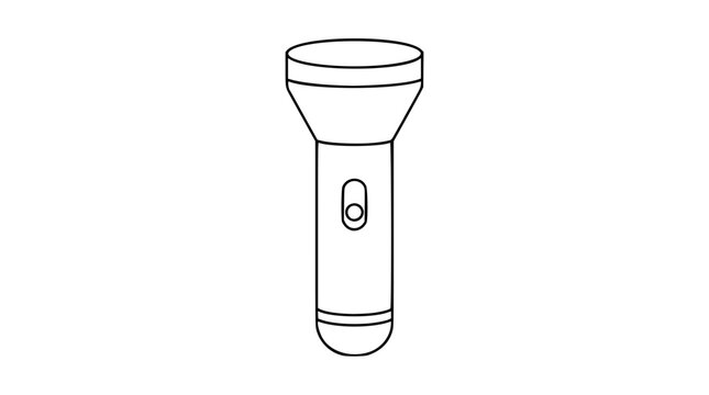 A clean black and white line art vector icon of a handheld flashlight, ideal for camping gear guides, emergency preparedness materials, or outdoor adventure applications.
