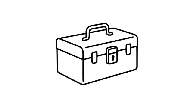 A clean black and white line art vector icon of a metal toolbox, excellent for construction, home improvement, repair services, or DIY project visual materials.
