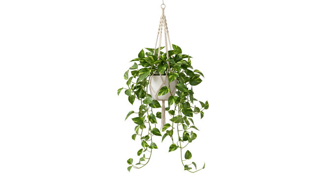 Trailing golden pothos houseplant in macrame hanger