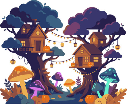 Fantasy digital paint illustration of magical forest treehouses decorated with glowing Halloween pumpkins and lanterns among giant mushrooms