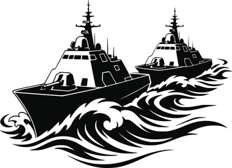 Military Warships Sailing on Ocean Waves Vector Illustration, Navy Fleet Maritime Artwork © Nila