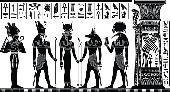 Ancient Egyptian gods and hieroglyphs vector illustration silhouette set with Osiris Horus Isis Anubis Thoth and temple column elements.