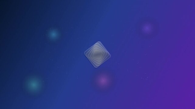 Glowing purple orb floats amidst blue and purple gradient background with diamond shape.