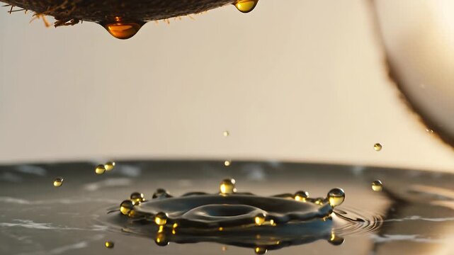 Golden coconut oil dripping from shell onto liquid surface. 4K Video