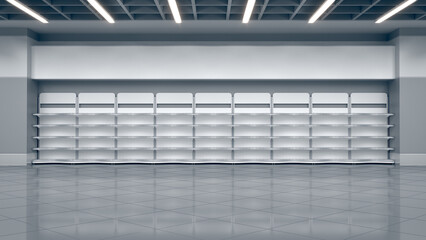 Obraz premium Supermarket interior mockup with shelving mockup with curved wavy shelves and blank toppers. 3d illustration
