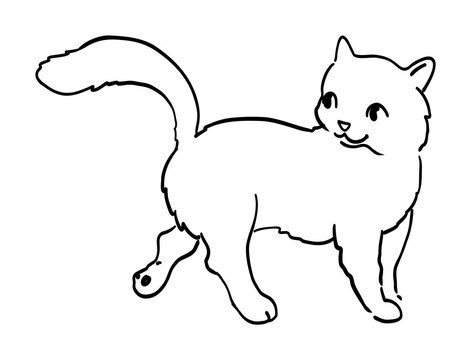 Hand drawn running cat outline vector with dynamic pose and fluffy tail. Cute feline illustration for stickers, coloring books, pet branding and creative design
