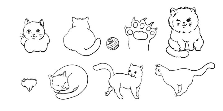Cute cat outline vector set with different poses, faces and actions. Hand drawn feline illustrations for stickers, coloring pages, children design and pet projects