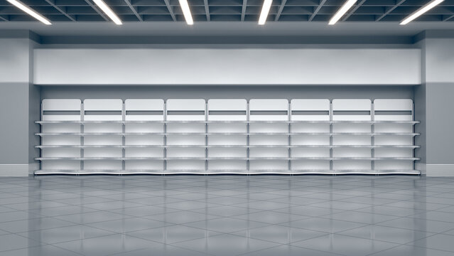 Supermarket interior mockup with shelving mockup with curved wavy shelves and blank toppers. 3d illustration