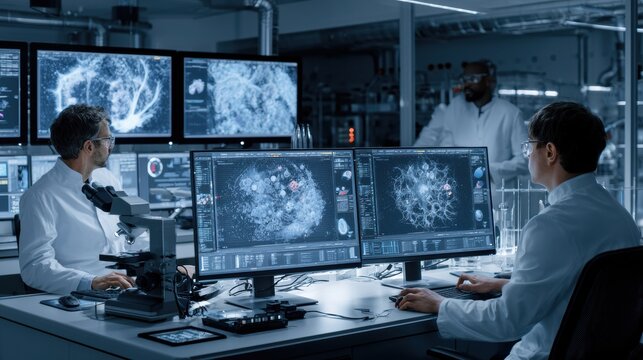 Teams monitor advanced biological systems using artificial intelligence and digital screens in a high-tech laboratory setting.