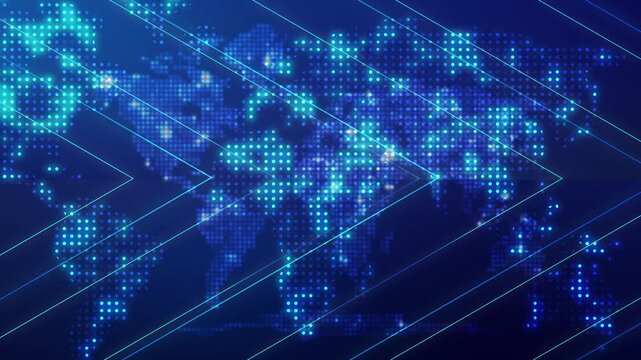 abstract  technology background with digital dot as world map and arrows forword to future network communication.