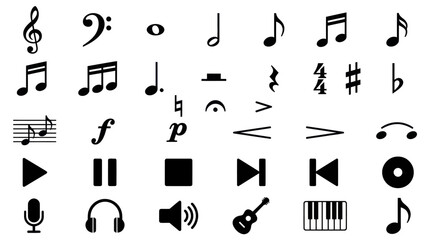Music symbols and icons are displayed on a white background © Terastal 