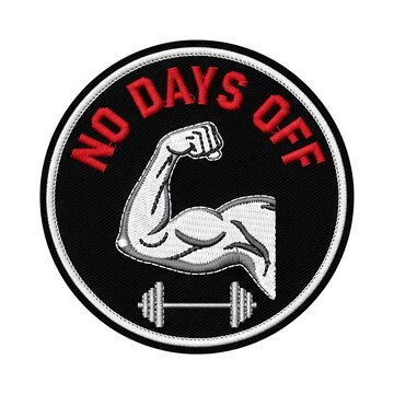 No days off text with muscular arm and barbell gym emblem