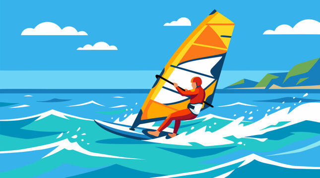 Dynamic windsurfer in red wetsuit racing across vibrant choppy turquoise waves beneath clear blue sky with distant green coastline and dramatic whitecaps